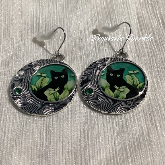 😸Oxidized Silver Alloy Black Cat Circular Hook Drop Earrings - Picture 9 of 15